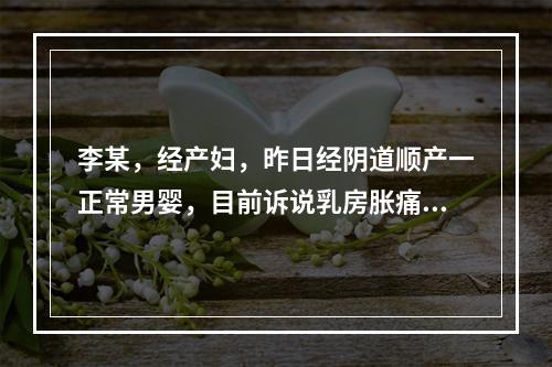 李某，经产妇，昨日经阴道顺产一正常男婴，目前诉说乳房胀痛，下