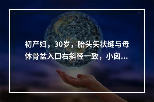 初产妇，30岁，胎头矢状缝与母体骨盆入口右斜径一致，小囟门位