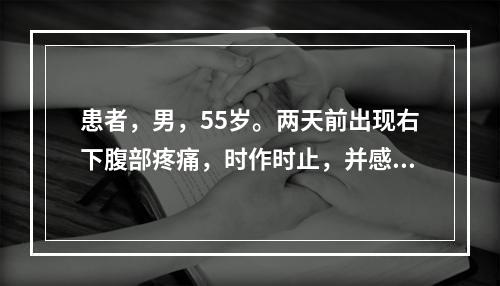 患者，男，55岁。两天前出现右下腹部疼痛，时作时止，并感有气