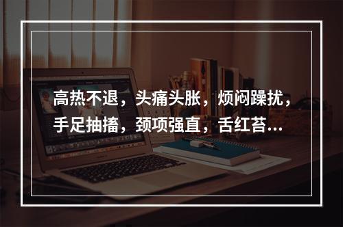 高热不退，头痛头胀，烦闷躁扰，手足抽搐，颈项强直，舌红苔黄，