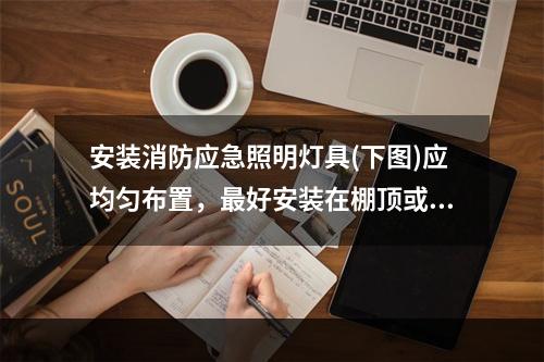 安装消防应急照明灯具(下图)应均匀布置，最好安装在棚顶或距楼