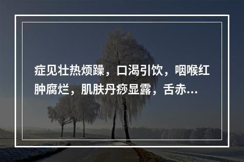 症见壮热烦躁，口渴引饮，咽喉红肿腐烂，肌肤丹痧显露，舌赤苔黄