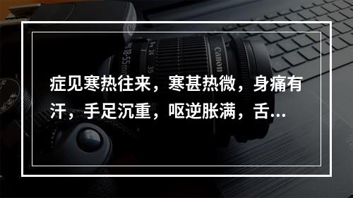 症见寒热往来，寒甚热微，身痛有汗，手足沉重，呕逆胀满，舌苔白