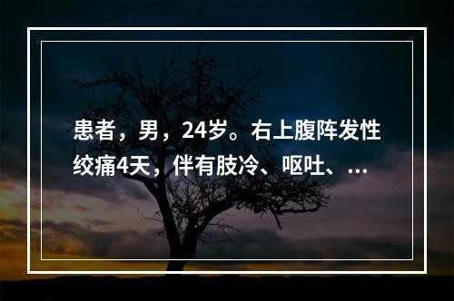 患者，男，24岁。右上腹阵发性绞痛4天，伴有肢冷、呕吐、心烦