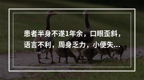 患者半身不遂1年余，口眼歪斜，语言不利，周身乏力，小便失禁，