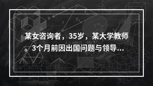 某女咨询者，35岁，某大学教师。3个月前因出国问题与领导争吵