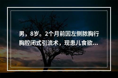 男，8岁。2个月前因左侧脓胸行胸腔闭式引流术，现患儿食欲缺乏