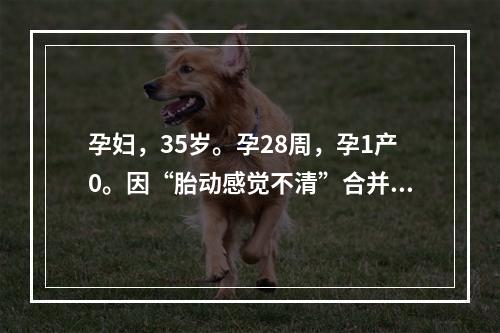 孕妇，35岁。孕28周，孕1产0。因“胎动感觉不清”合并重度