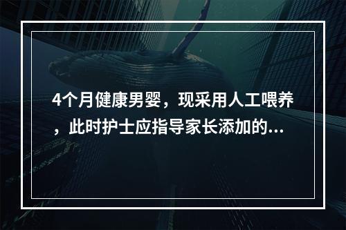 4个月健康男婴，现采用人工喂养，此时护士应指导家长添加的辅食