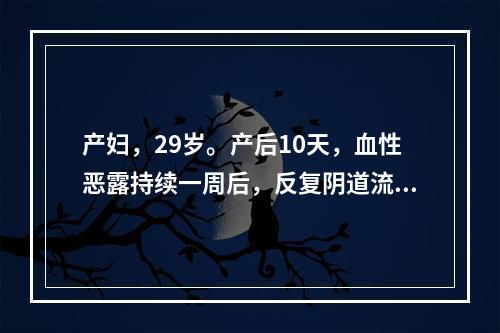 产妇，29岁。产后10天，血性恶露持续一周后，反复阴道流血，