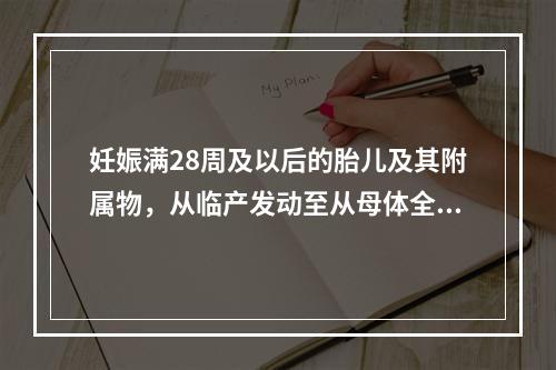 妊娠满28周及以后的胎儿及其附属物，从临产发动至从母体全部娩