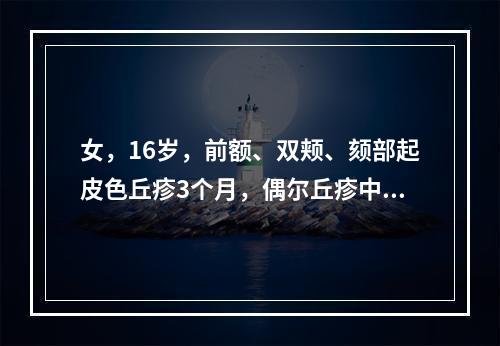 女，16岁，前额、双颊、颏部起皮色丘疹3个月，偶尔丘疹中央可