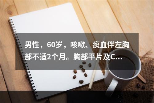 男性，60岁，咳嗽、痰血伴左胸部不适2个月。胸部平片及CT检