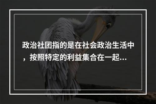 政治社团指的是在社会政治生活中，按照特定的利益集合在一起，