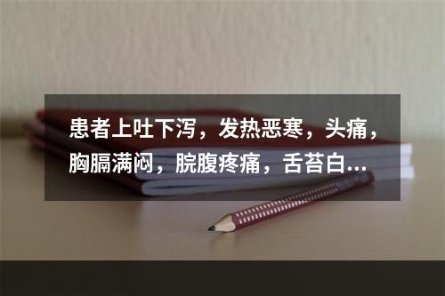 患者上吐下泻，发热恶寒，头痛，胸膈满闷，脘腹疼痛，舌苔白腻，