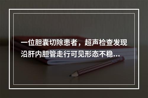 一位胆囊切除患者，超声检查发现沿肝内胆管走行可见形态不稳定的