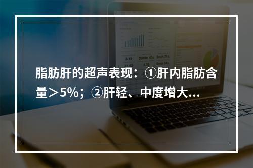 脂肪肝的超声表现：①肝内脂肪含量＞5％；②肝轻、中度增大，边