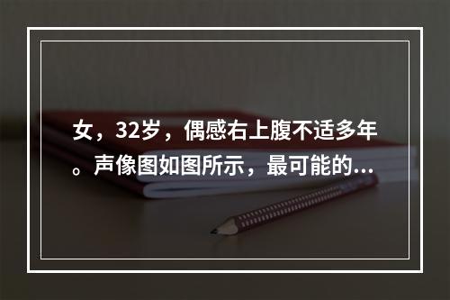 女，32岁，偶感右上腹不适多年。声像图如图所示，最可能的诊断