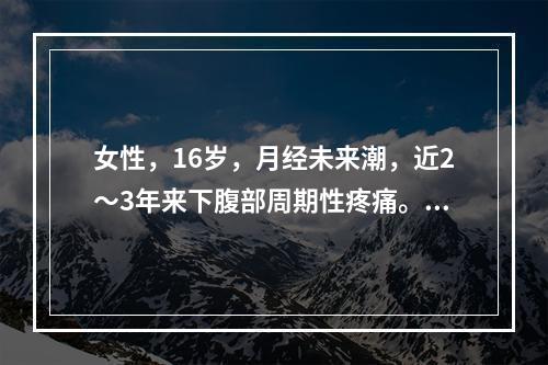 女性，16岁，月经未来潮，近2～3年来下腹部周期性疼痛。临床