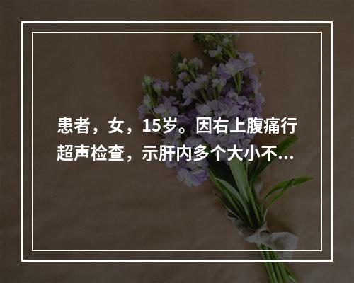 患者，女，15岁。因右上腹痛行超声检查，示肝内多个大小不等的