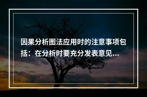 因果分析图法应用时的注意事项包括：在分析时要充分发表意见，层