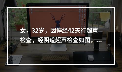 女，32岁，因停经42天行超声检查，经阴道超声检查如图，初步