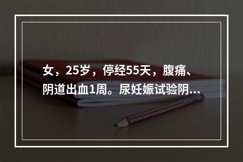 女，25岁，停经55天，腹痛、阴道出血1周。尿妊娠试验阴性。