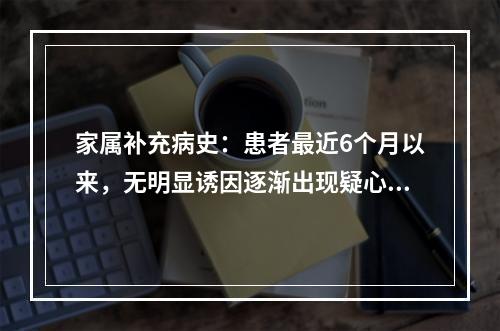 家属补充病史：患者最近6个月以来，无明显诱因逐渐出现疑心重，