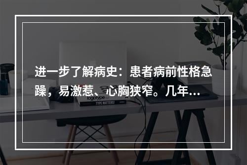 进一步了解病史：患者病前性格急躁，易激惹、心胸狭窄。几年前患