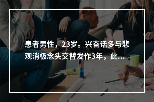 患者男性，23岁。兴奋话多与悲观消极念头交替发作3年，此次患