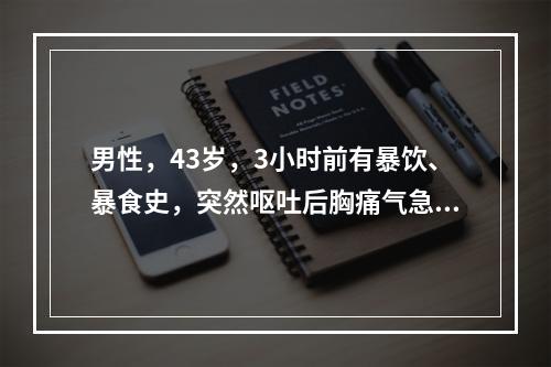 男性，43岁，3小时前有暴饮、暴食史，突然呕吐后胸痛气急，呼