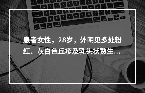 患者女性，28岁，外阴见多处粉红、灰白色丘疹及乳头状赘生物