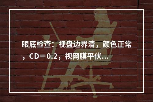 眼底检查：视盘边界清，颜色正常，CD＝0.2，视网膜平伏，黄