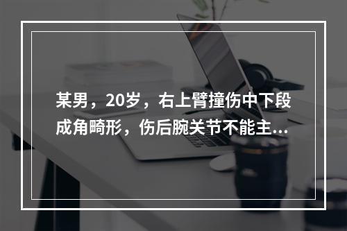 某男，20岁，右上臂撞伤中下段成角畸形，伤后腕关节不能主动