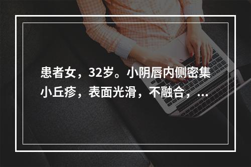 患者女，32岁。小阴唇内侧密集小丘疹，表面光滑，不融合，呈“