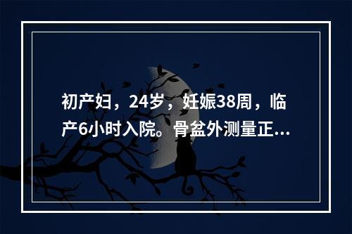 初产妇，24岁，妊娠38周，临产6小时入院。骨盆外测量正常，