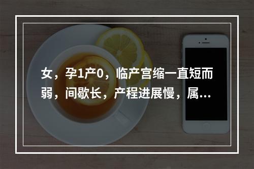 女，孕1产0，临产宫缩一直短而弱，间歇长，产程进展慢，属于