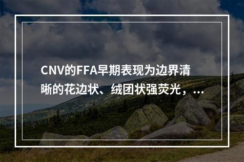 CNV的FFA早期表现为边界清晰的花边状、绒团状强荧光，周围