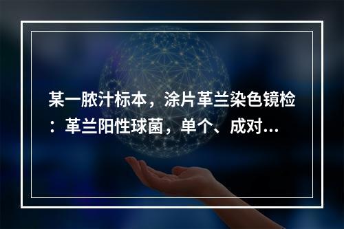 某一脓汁标本，涂片革兰染色镜检：革兰阳性球菌，单个、成对或短