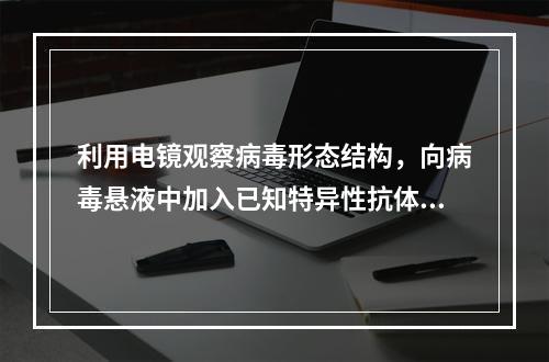 利用电镜观察病毒形态结构，向病毒悬液中加入已知特异性抗体，用