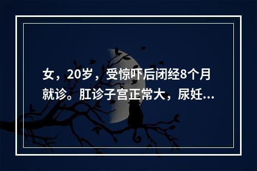 女，20岁，受惊吓后闭经8个月就诊。肛诊子宫正常大，尿妊娠试