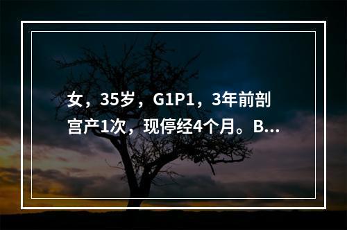 女，35岁，G1P1，3年前剖宫产1次，现停经4个月。B型超