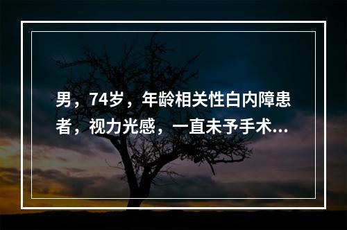 男，74岁，年龄相关性白内障患者，视力光感，一直未予手术治疗