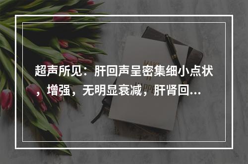 超声所见：肝回声呈密集细小点状，增强，无明显衰减，肝肾回声有