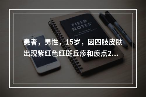 患者，男性，15岁，因四肢皮肤出现紫红色红斑丘疹和瘀点2周，