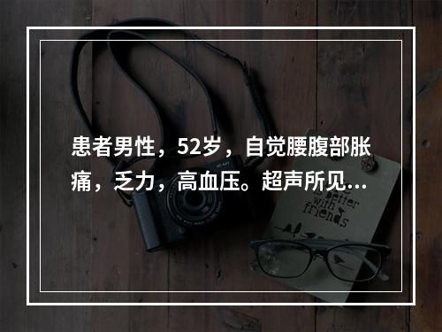 患者男性，52岁，自觉腰腹部胀痛，乏力，高血压。超声所见：