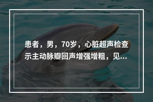 患者，男，70岁，心脏超声检查示主动脉瓣回声增强增粗，见团