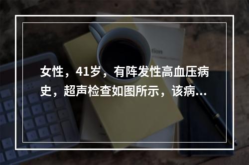 女性，41岁，有阵发性高血压病史，超声检查如图所示，该病例