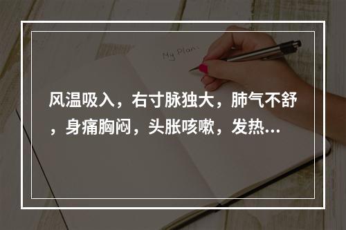 风温吸入，右寸脉独大，肺气不舒，身痛胸闷，头胀咳嗽，发热口渴