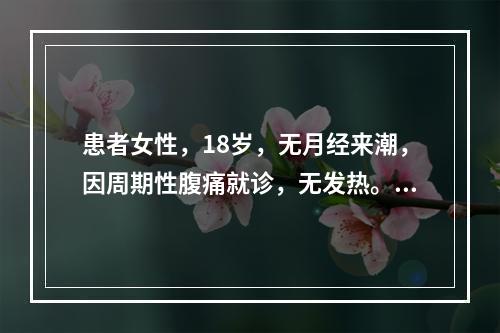 患者女性，18岁，无月经来潮，因周期性腹痛就诊，无发热。超